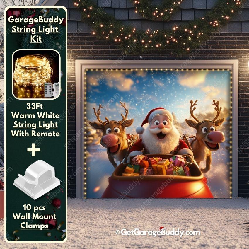 8x7 Garage door covers Christmas with Santa And Reindeers with lights- GarageBuddy