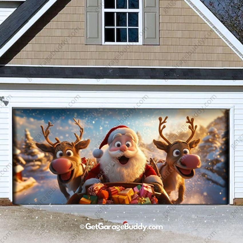 16x7 Garage door covers Christmas with Santa And Reindeers- GarageBuddy