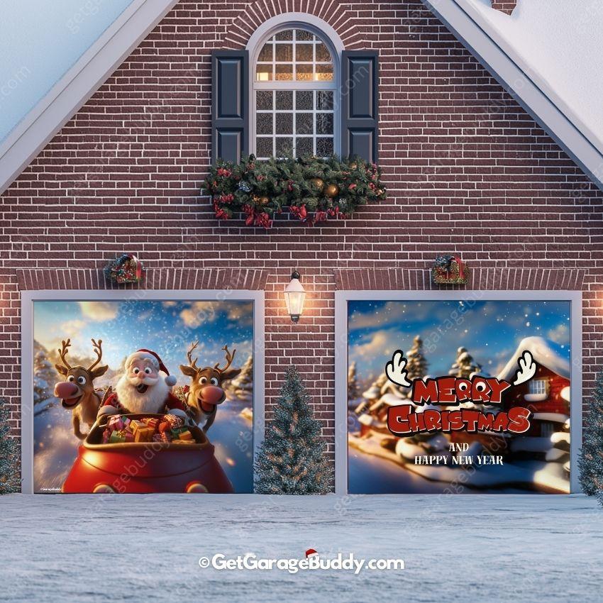 8x7 2 car Garage door covers for Christmas with Santa And Reindeers- GarageBuddy