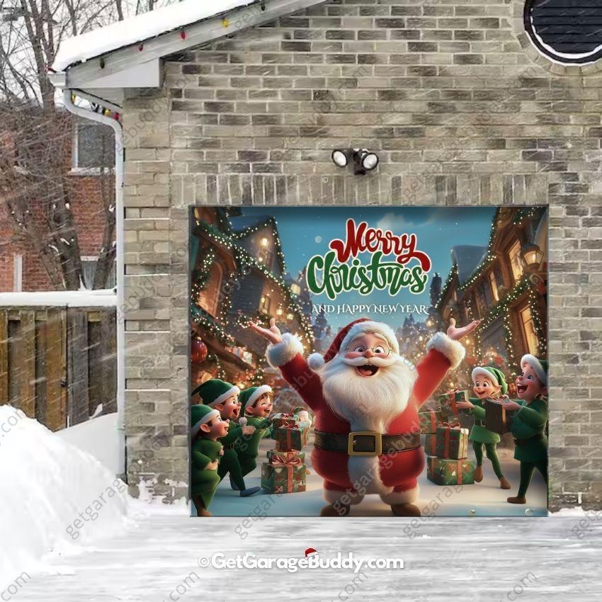 8x7 Garage door covers Christmas with Santa And Elves - GarageBuddy