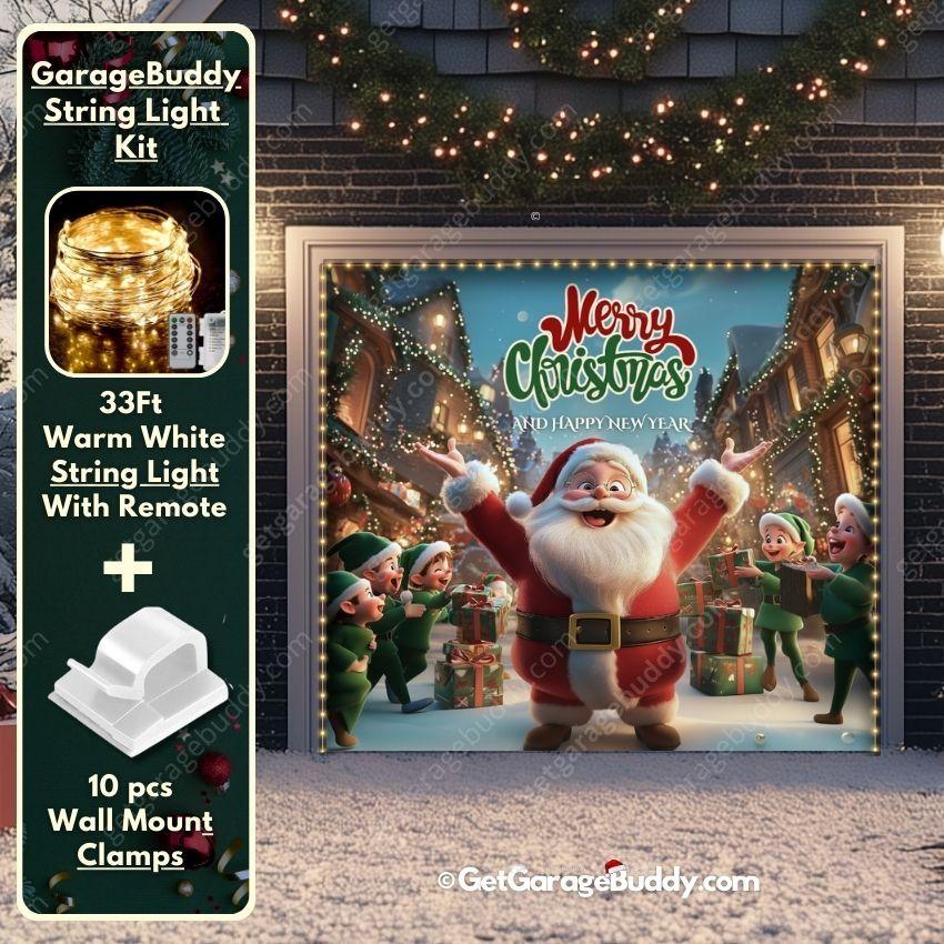 8x7 Garage door covers Christmas with Santa And Elves with lights - GarageBuddy