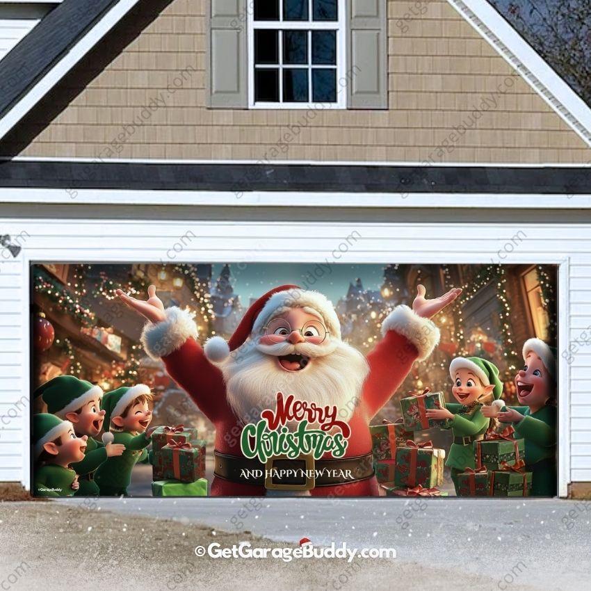 16x7 Garage door covers Christmas with Santa And Elves - GarageBuddy