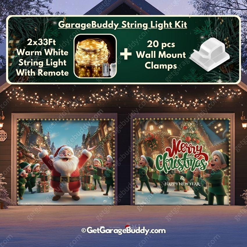 2 car Garage door covers Christmas with Santa And Elves with lights- GarageBuddy