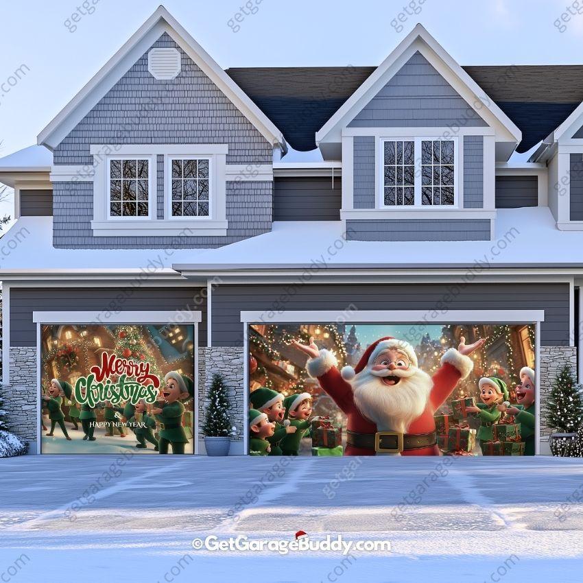 Santa And Elves | Christmas Garage Door Cover - GetGarageBuddy