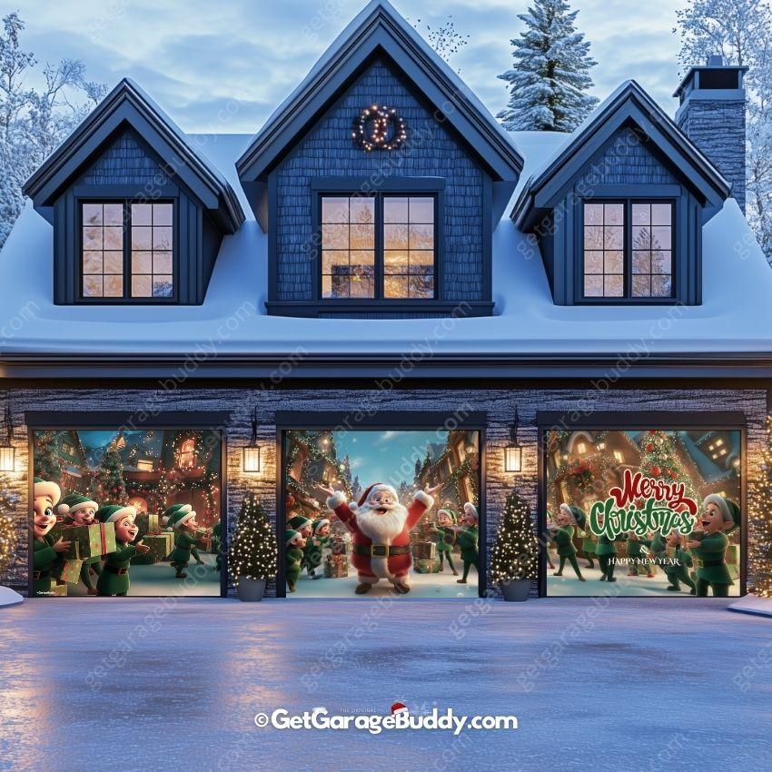 Santa And Elves | Christmas Garage Door Cover - GetGarageBuddy