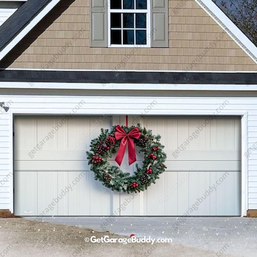 16x7 Garage door cover for Christmas with christmas wreath with lights- GarageBuddy