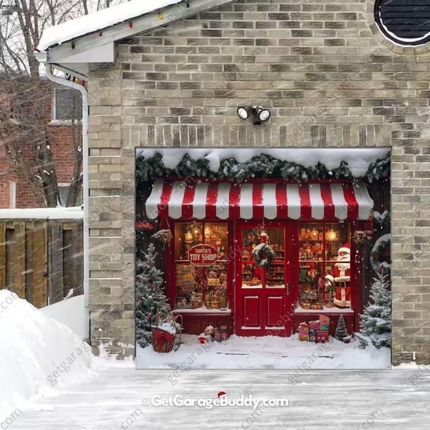 Garage door covers Christmas with  Santa's Toy Shop- GetGarageBuddy