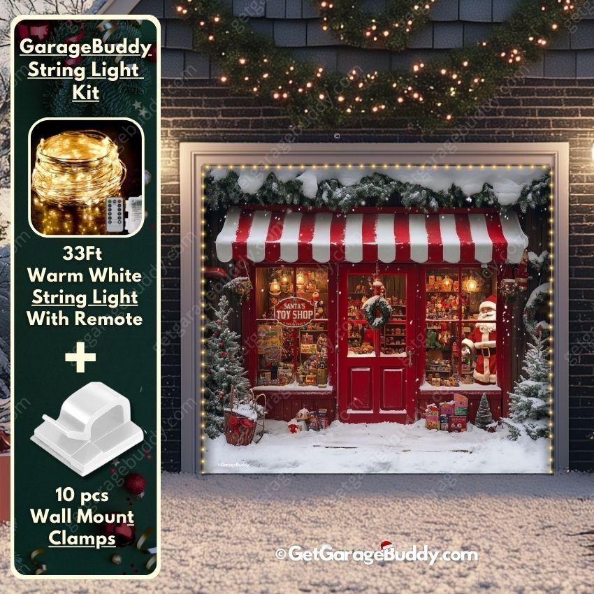 8x7 Garage door covers Christmas with Santa's Toy Shop - GarageBuddy