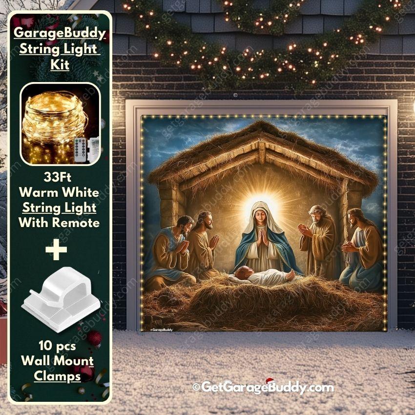 8x7 Garage door covers Christmas with Nativity Scene with lights- GarageBuddy