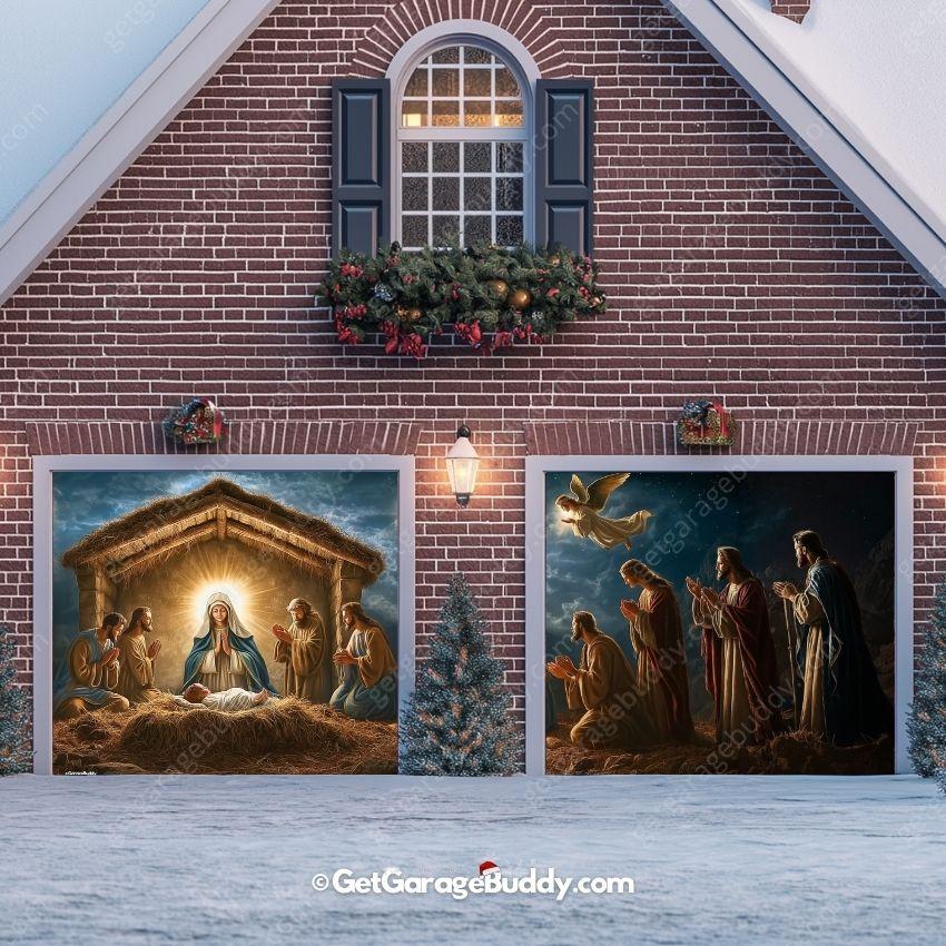 8x7 two car Garage door cover for Christmas with Jesus wise men nativity scene - GarageBuddy