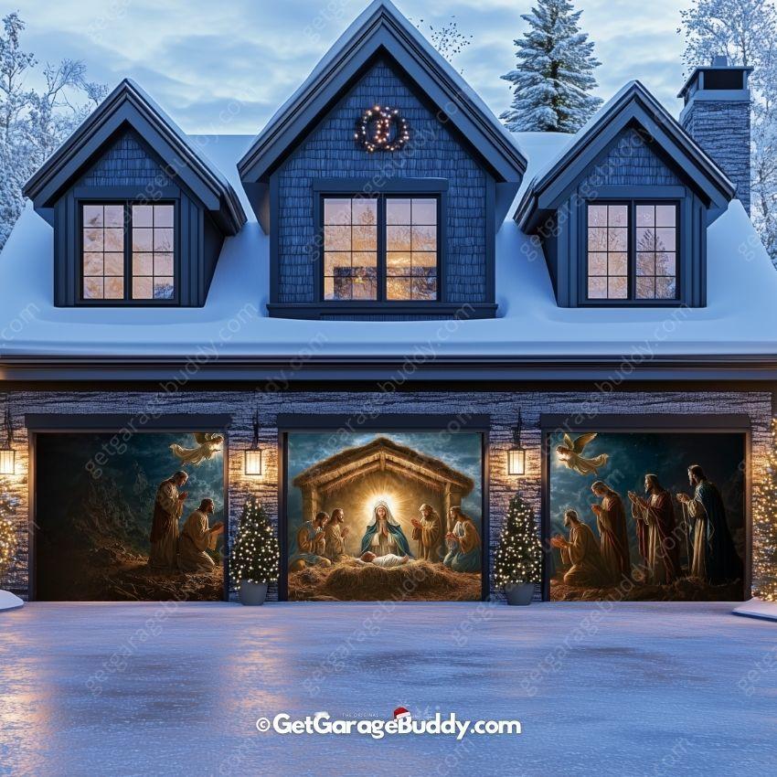 8x7 three car Garage door covers Christmas with holy night nativity scene - GarageBuddy