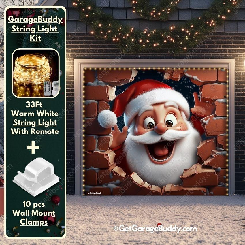 167x7 festive Garage door cover for Christmas with Santa with lights- GarageBuddy