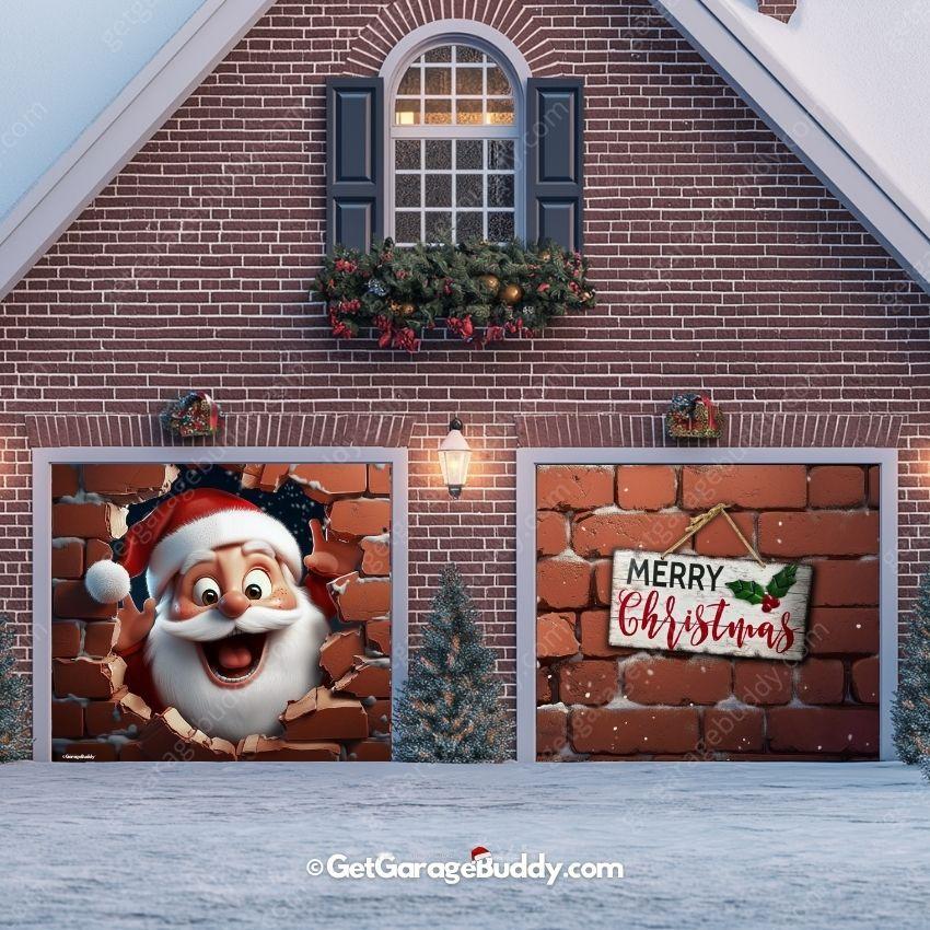 8x7 two car Garage door festive holiday cover for Christmas with Santa - GarageBuddy