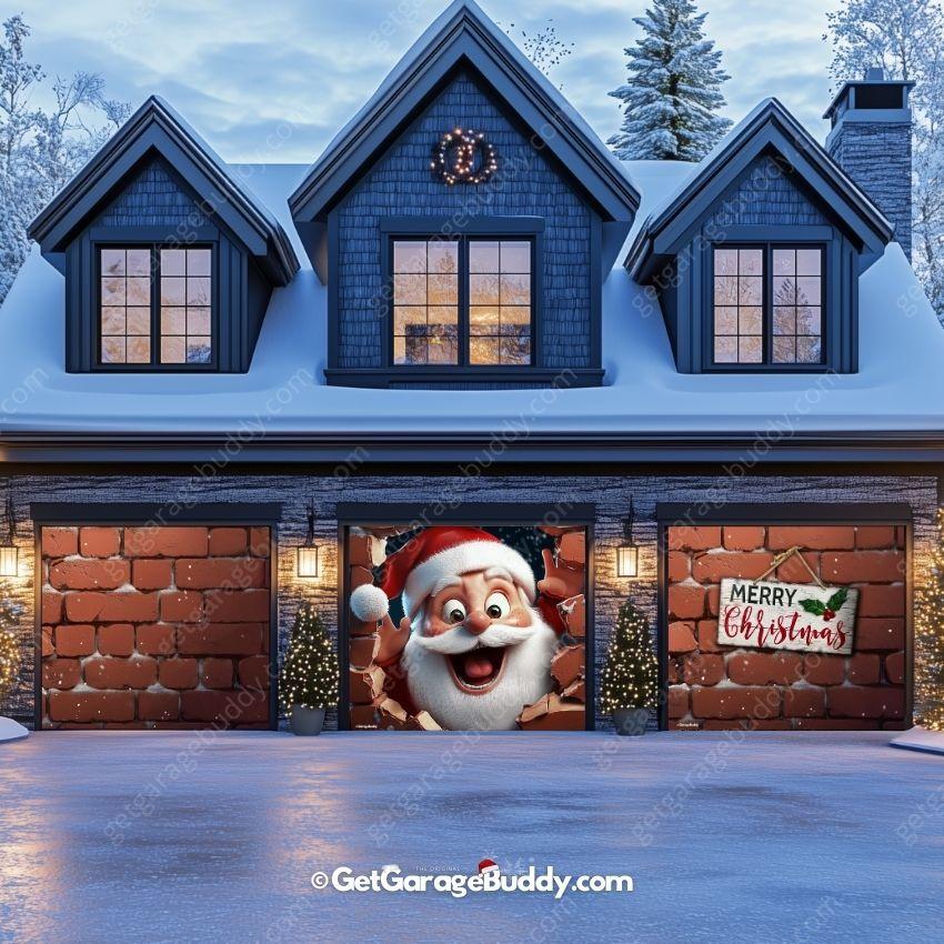 8x7 three car festive Garage door cover for holidays and Christmas with Santa- GarageBuddy