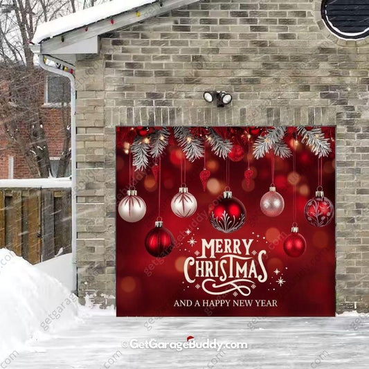 8x7 festive single car Garage door covers Christmas with ornaments - GarageBuddy